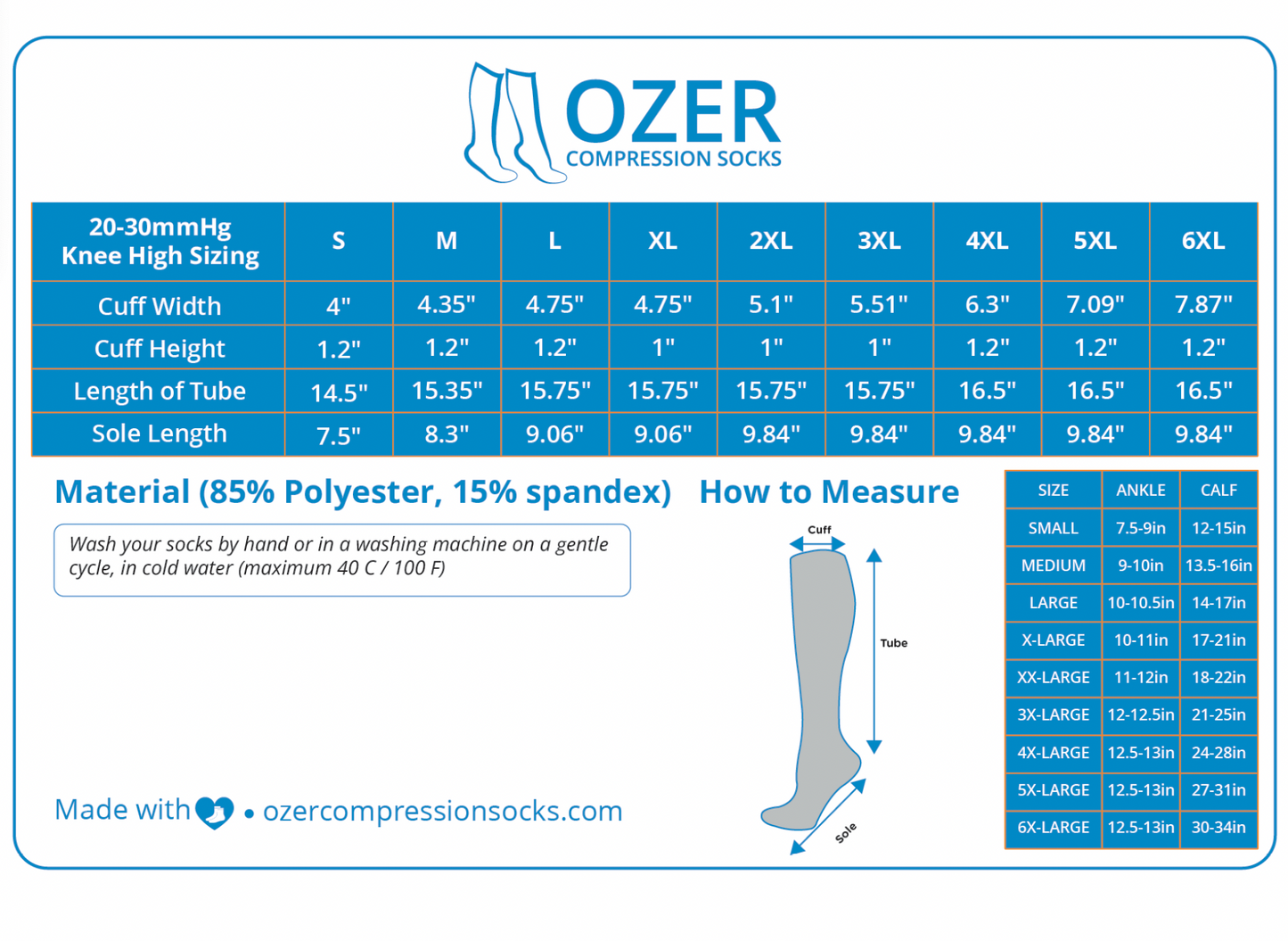 (1 pair) Ozer 20-30mmHg Compression Socks Stockings Medical Knee High Mens and Women's S-6XL