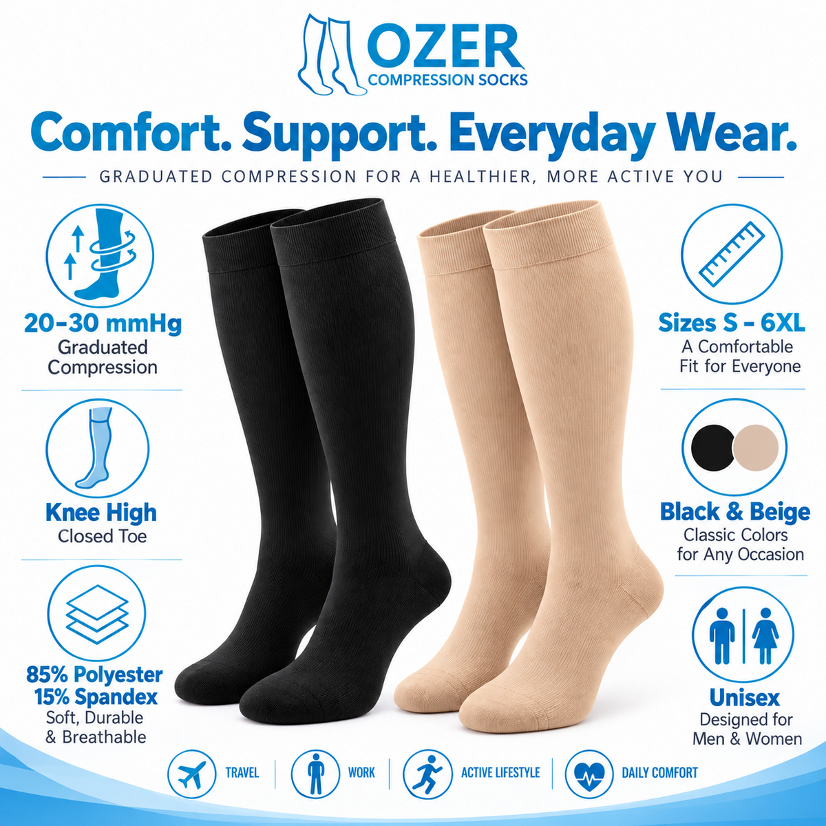 Ozer 20–30 mmHg knee high closed toe compression socks features black and beige