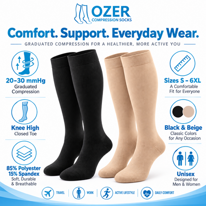 Ozer 20–30 mmHg knee high closed toe compression socks features black and beige