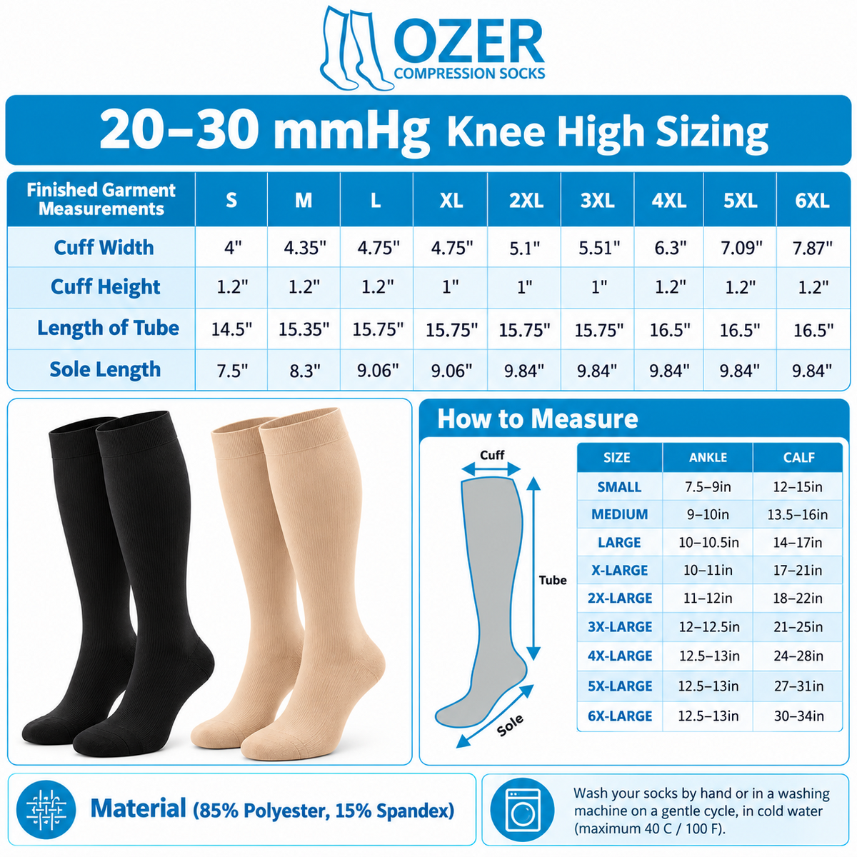 Ozer 20–30 mmHg knee high closed toe compression socks size chart