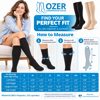 Ozer 20–30 mmHg knee high closed toe compression socks sizing and measuring guide