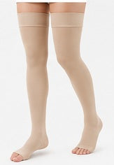 Beige Ozer thigh high open toe compression stockings