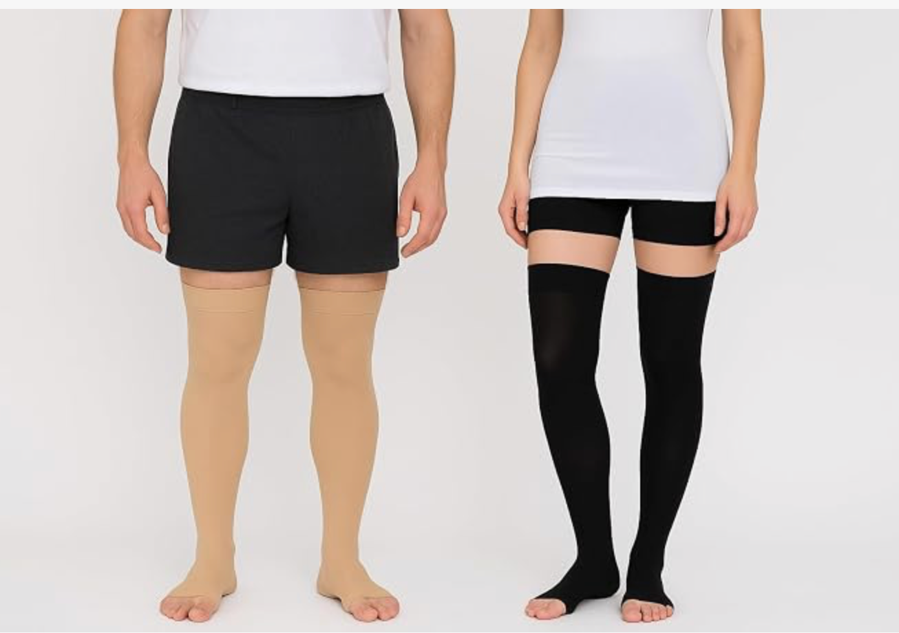 Ozer compression stockings showing knee-high and thigh-high styles