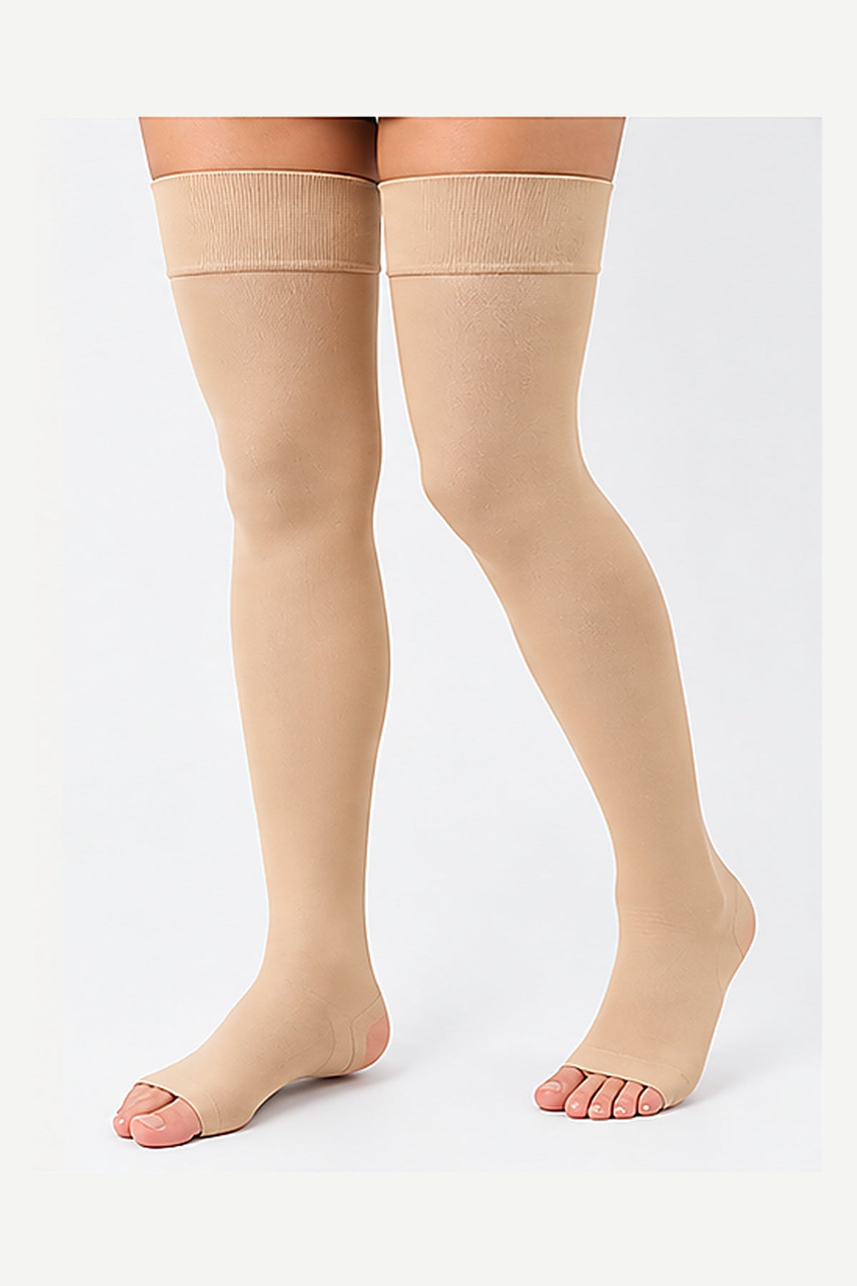 Beige Ozer thigh high open toe compression stockings